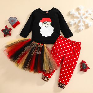 3pcs sets Christmas Girls Clothes Santa Claus Pattern Tops Mixed Color Mesh Tutu Skirt Dress Dots Pants Children Clothing