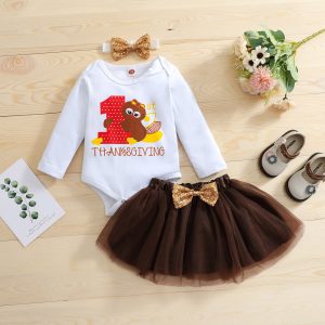 Children Clothing Set For Girls Toddler Infant Turkey Thanksgiving Day Romper Tops+skirt+headband Sets Baby Girl Clothing Ropa