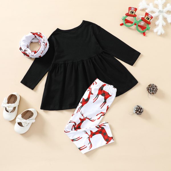 Girlymax Fall winter Christmas Baby Girls 3 pieces Scarf Children Black Red Plaid Cotton Outfit Boutique Pants Set Kids Clothing - Image 5