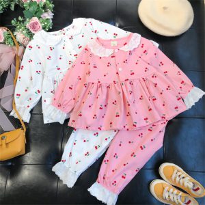 Kids Girls Summer Pajamas Children Sleepwear Baby Pajamas Sets Girls Flower Lace Cotton Nightwear Clothes Kids Clothing 2-7Y